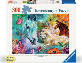 A 300-piece jigsaw puzzle titled 'Lady, Fate and Fury.' The artwork features two majestic horses against a vibrant, colorful background with butterflies and flowers, designed by Ravensburger. The box emphasizes large, easy-to-hold pieces, perfect for puzzle enthusiasts.
