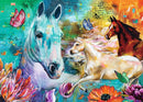 A vibrant jigsaw puzzle featuring three horses in a colorful landscape. The background is an explosion of colors with floral elements and butterflies, creating a serene yet dynamic scene.