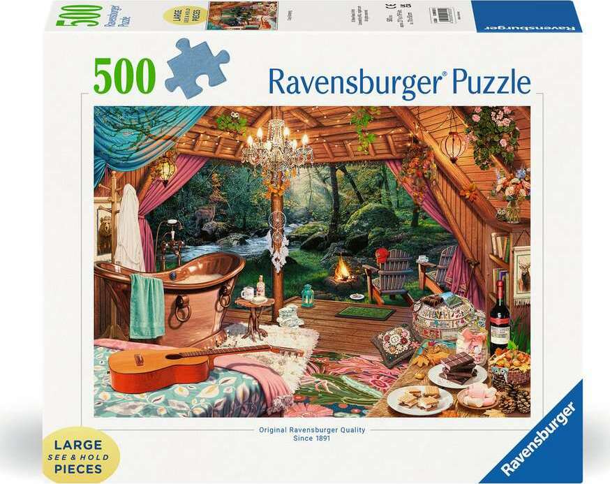 A Ravensburger 500-piece jigsaw puzzle titled 'Cozy Glamping' featuring a beautifully designed rustic interior with a bathtub, chandelier, and fireplace. Surrounding the cozy space are elements of nature visible through large windows, including a serene outdoor scene with a stream and greenery. The puzzle is in a large format, ideal for easy handling, and showcases a warm, inviting atmosphere with decorative items like flowers and snacks.