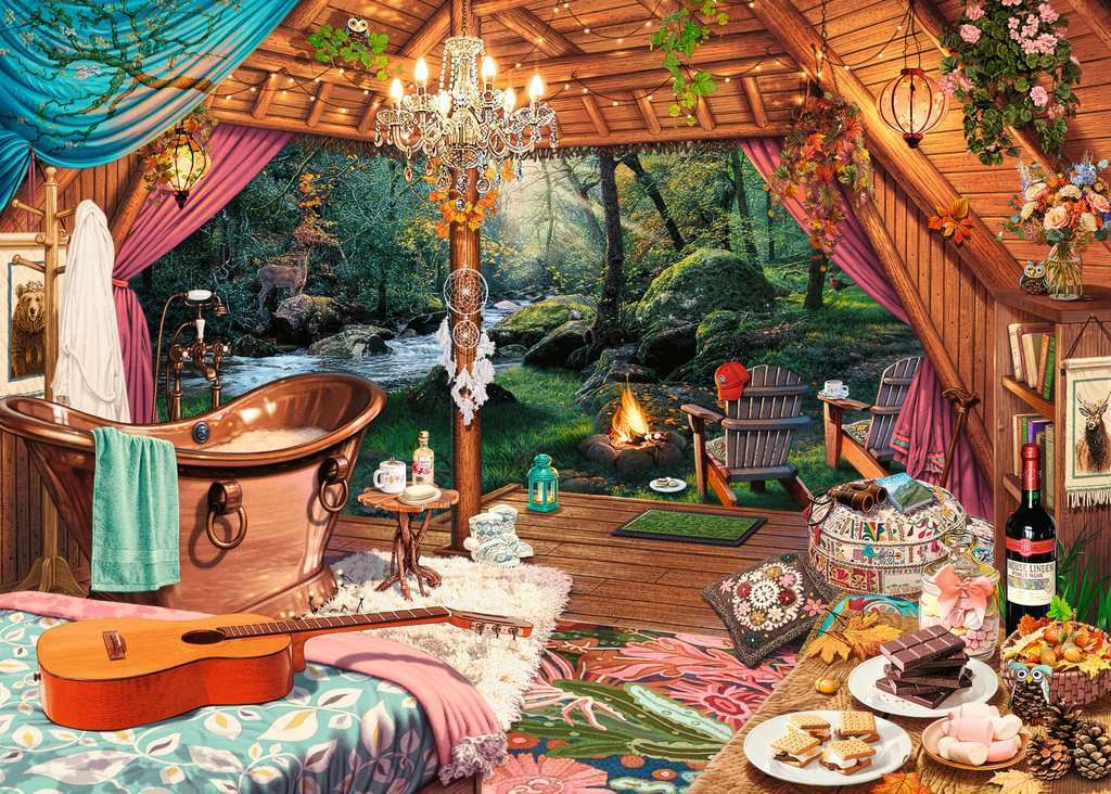 A cozy glamping scene inside a wooden cabin featuring a luxurious copper bathtub, a beautifully made bed with floral bedding, a guitar, and an inviting view of nature through the open door. The interior is adorned with vibrant decorations, a chandelier, a dreamcatcher, and a variety of snacks including chocolate and s'mores, creating a warm, welcoming atmosphere perfect for indoor relaxation and adventure.