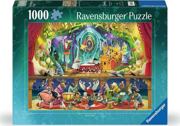Ravensburger 1000-piece jigsaw puzzle featuring a vibrant, whimsical scene inspired by Snow White and the Seven Dwarfs, with colorful characters and enchanting background elements. The illustration showcases animals in playful poses, engaging in a musical performance amidst a magical setting filled with flowers, castles, and creatures.