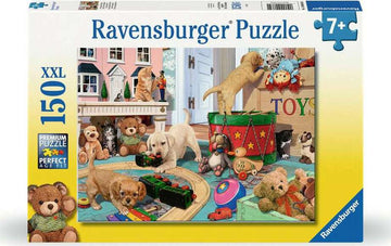 Ravensburger Little Paws Playtime 150-piece jigsaw puzzle featuring an adorable scene with playful puppies and kittens surrounded by toys and stuffed animals. Perfect for animal lovers and puzzle enthusiasts.
