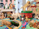 A vibrant 150-piece jigsaw puzzle featuring playful puppies and toys in a colorful indoor setting. There are two puppies engaging with various toys, surrounded by teddy bears, a drum, and a dollhouse in the background, creating a whimsical and heartwarming atmosphere.