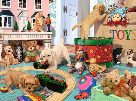 A vibrant 150-piece jigsaw puzzle featuring playful puppies and toys in a colorful indoor setting. There are two puppies engaging with various toys, surrounded by teddy bears, a drum, and a dollhouse in the background, creating a whimsical and heartwarming atmosphere.