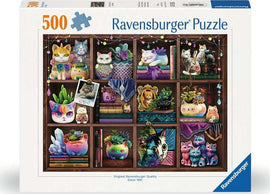 Ravensburger jigsaw puzzle titled 'Cubby Cats and Succulents 500', featuring colorful illustrations of cats and succulents arranged on wooden shelves. The lively scene includes whimsical cat figurines, various pot plants, and decorative elements, creating a charming and vibrant look perfect for puzzle enthusiasts.