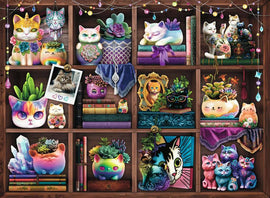 A vibrant jigsaw puzzle featuring a colorful shelf filled with adorable cat figures and succulent plants. The design includes whimsical elements such as a framed photo of a fluffy cat, various decorative pots, and playful illustrations of cats, all adorned with sparkling lights and a cozy atmosphere. Perfect for cat lovers and jigsaw enthusiasts alike.