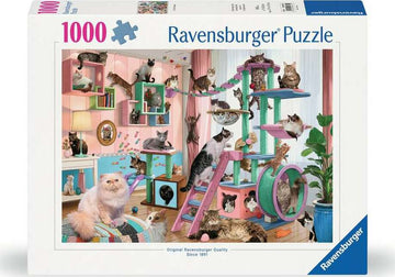 The Cat Tree Heaven 1000 pc Puzzle by Ravensburger features a colorful room filled with various cats playing and lounging on a multi-level cat tree. The vibrant setting includes a mix of playful cat designs and cozy furniture, showcasing the joy of feline companions. Ideal for cat lovers and puzzle enthusiasts alike.