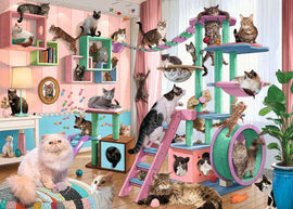 A vibrant and whimsical jigsaw puzzle image featuring a cat tree filled with various cats. The scene is set in a colorful room with different levels of cat furniture, including shelves, ramps, and a cozy rug. Cats of different breeds and colors play and lounge throughout the space, surrounded by playful decorations and a bright atmosphere, perfect for cat lovers.
