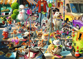 A colorful jigsaw puzzle featuring a whimsical dog walking scene filled with various playful dogs on leashes, a dog walker, and a vibrant city backdrop with shops, a food truck, and street elements. The dogs showcase different breeds and expressions, creating a lively and engaging atmosphere suitable for dog lovers and puzzle enthusiasts.