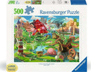 The packaging of the Ravensburger Putt Putt Paradise 500 piece jigsaw puzzle, featuring a vibrant and whimsical scene with a mini golf course, castles, bright colors, and various playful elements, designed for both enjoyment and relaxation.