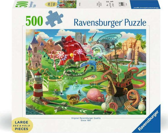 The packaging of the Ravensburger Putt Putt Paradise 500 piece jigsaw puzzle, featuring a vibrant and whimsical scene with a mini golf course, castles, bright colors, and various playful elements, designed for both enjoyment and relaxation.