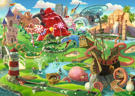 A vibrant jigsaw puzzle depicting a whimsical mini-golf course full of colorful attractions like a pirate ship, a pink octopus, and a giant gorilla. The scene features various landmarks, including a lighthouse, pyramid structures, and lush greenery, providing an adventurous atmosphere ideal for puzzle enthusiasts.