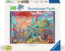 A colorful 500-piece jigsaw puzzle box by Ravensburger titled 'Sun and Sea'. The image features vibrant underwater scenes with a smiling sun, sea turtles, jellyfish, and various coral reefs. The box highlights large pieces for easy handling.