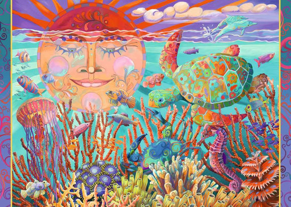 A vibrant jigsaw puzzle featuring a stunning underwater scene with a smiling sun and colorful marine life, including turtles, fish, jellyfish, and coral. The artwork is richly detailed with bright colors and whimsical patterns, perfect for puzzle enthusiasts who enjoy aquatic themes.