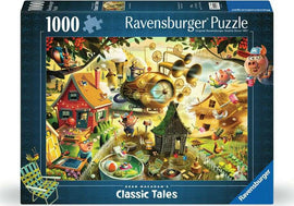 The box of the Ravensburger jigsaw puzzle titled 'MacAdam: Look Out Little Pigs' featuring a colorful and whimsical illustration of pigs in a farm setting with a whimsical flying machine, lush greenery, and various farm elements, designed for 1000 pieces.