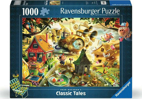 The box of the Ravensburger jigsaw puzzle titled 'MacAdam: Look Out Little Pigs' featuring a colorful and whimsical illustration of pigs in a farm setting with a whimsical flying machine, lush greenery, and various farm elements, designed for 1000 pieces.