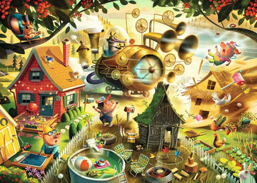A colorful jigsaw puzzle featuring whimsical cartoon animals in a vibrant farm setting. Pigs, a squirrel, and various birds engage in playful activities around houses, pools, and gardens, creating a lively scene filled with humor and adventure. Bright colors and intricate details invite puzzlers to assemble the fun-filled chaos of farm life.