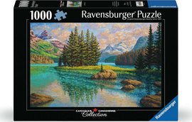 Spirit of Maligne 1000-piece jigsaw puzzle by Ravensburger featuring a picturesque nature scene with serene lakes, towering mountains, and lush pine trees. Ideal for puzzle enthusiasts seeking a challenging and visually stunning experience.