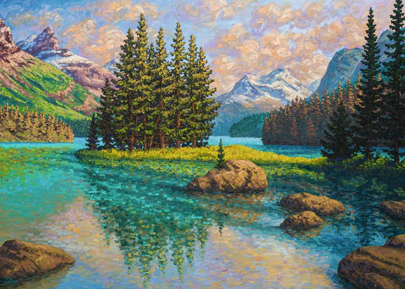 A vibrant 1000-piece jigsaw puzzle titled 'Spirit of Maligne' featuring a scenic landscape. The artwork showcases a serene lake surrounded by lush green trees, mountains in the background, and a colorful sky filled with fluffy clouds, all rendered in a painterly style.