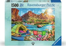 Canyon Camping 1500 pc jigsaw puzzle by Ravensburger featuring a colorful camping scene. A green tent, two camping chairs, a kayak, and playful wildlife are visible by a serene river with rocky hills in the background. The vibrant artwork captures the joy of outdoor adventures.