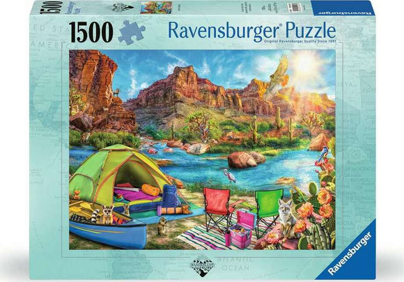 Canyon Camping 1500 pc jigsaw puzzle by Ravensburger featuring a colorful camping scene. A green tent, two camping chairs, a kayak, and playful wildlife are visible by a serene river with rocky hills in the background. The vibrant artwork captures the joy of outdoor adventures.