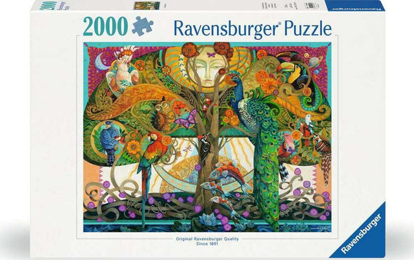 On the 5th Day 2000-piece jigsaw puzzle by Ravensburger featuring a vibrant, intricate design with colorful birds, flowers, and a serene face in a tree, symbolizing nature's beauty.