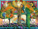 A colorful 2000-piece jigsaw puzzle titled 'On the 5th Day' by Ravensburger. The artwork features a vibrant tree adorned with intricate designs, including a variety of birds such as parrots and owls, flowers, butterflies, and fish, all set against a whimsical background with a serene face and nature elements.