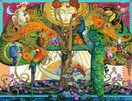 A colorful 2000-piece jigsaw puzzle titled 'On the 5th Day' by Ravensburger. The artwork features a vibrant tree adorned with intricate designs, including a variety of birds such as parrots and owls, flowers, butterflies, and fish, all set against a whimsical background with a serene face and nature elements.