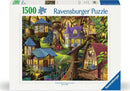 Ravensburger jigsaw puzzle titled 'Twilight in the Treetops' featuring a whimsical scene of colorful treehouses nestled among vibrant foliage. The artwork depicts a magical atmosphere with warm lighting and intricate details, perfect for puzzle enthusiasts.