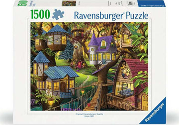Ravensburger jigsaw puzzle titled 'Twilight in the Treetops' featuring a whimsical scene of colorful treehouses nestled among vibrant foliage. The artwork depicts a magical atmosphere with warm lighting and intricate details, perfect for puzzle enthusiasts.