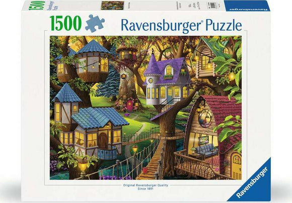 Ravensburger jigsaw puzzle titled 'Twilight in the Treetops' featuring a whimsical scene of colorful treehouses nestled among vibrant foliage. The artwork depicts a magical atmosphere with warm lighting and intricate details, perfect for puzzle enthusiasts.