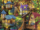 A vibrant jigsaw puzzle scene titled 'Twilight in the Treetops' featuring whimsical treehouses in various styles, adorned with warm lights and surrounded by rich foliage, creating a cozy, enchanting atmosphere.