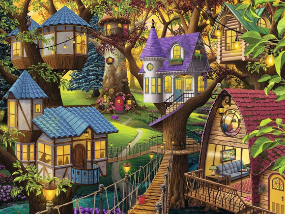 A vibrant jigsaw puzzle scene titled 'Twilight in the Treetops' featuring whimsical treehouses in various styles, adorned with warm lights and surrounded by rich foliage, creating a cozy, enchanting atmosphere.