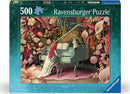 Ravensburger 500 piece jigsaw puzzle featuring a whimsical scene of a girl with long red hair playing a green piano, accompanied by a white rabbit amidst vibrant floral designs.