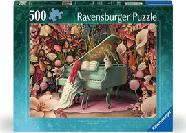 Ravensburger 500 piece jigsaw puzzle featuring a whimsical scene of a girl with long red hair playing a green piano, accompanied by a white rabbit amidst vibrant floral designs.