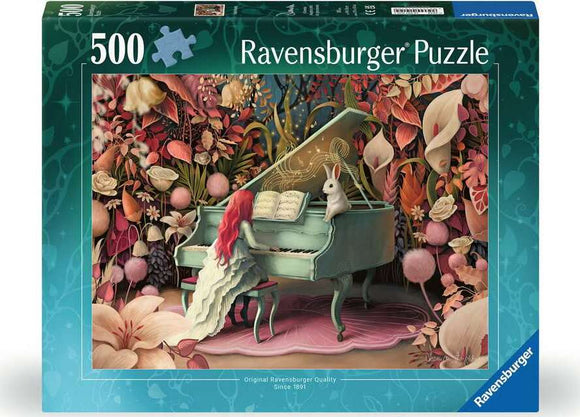 Ravensburger 500 piece jigsaw puzzle featuring a whimsical scene of a girl with long red hair playing a green piano, accompanied by a white rabbit amidst vibrant floral designs.