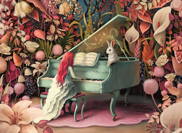 A whimsical jigsaw puzzle featuring a young girl with long red hair playing a light blue piano adorned with musical notes. A small white rabbit sits on the piano. The background is a vibrant floral display with various colorful flowers, leaves, and foliage, creating a magical and enchanting atmosphere.