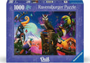 A colorful and whimsical jigsaw puzzle box featuring various extinct birds in a vibrant, dreamy landscape. The scene includes a lively assortment of birds perched on trees and books, showcasing intricate artwork. The puzzle consists of 1000 pieces and is made by Ravensburger.