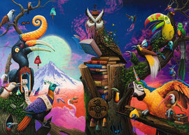 A vibrant jigsaw puzzle featuring a colorful illustration of various extinct birds surrounded by whimsical trees and a surreal moonlit background. Each bird showcases unique features, while books are stacked prominently, suggesting a connection to nature and history. This intricate artwork is designed for a 1000-piece jigsaw puzzle by Ravensburger.