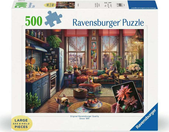 Ravensburger Cozy BoHo Studio 500 piece jigsaw puzzle featuring a beautifully detailed living room scene adorned with plants, a cozy couch, and a vibrant city view through large windows. Includes large, easy-to-handle pieces, perfect for puzzle enthusiasts.