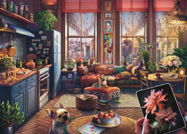 A vibrant jigsaw puzzle depicting a cozy Bohemian studio with a rich color palette. The scene includes a well-decorated kitchen, a comfortable living area with eclectic furnishings, and large windows revealing a city skyline. Two dogs playfully sit on the floor, and a hand holds a tablet displaying floral artwork, adding to the creative ambiance of this inviting space.