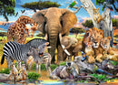 The 'Baby Love' jigsaw puzzle features a vibrant and colorful scene of various wildlife in an African landscape, including elephants, giraffes, lions, zebras, and meerkats. The puzzle consists of 500 large format pieces, making it perfect for family fun and relaxation as you piece together this enchanting wildlife tableau.