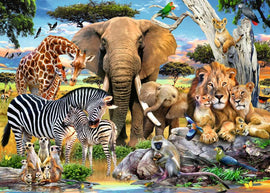 The 'Baby Love' jigsaw puzzle features a vibrant and colorful scene of various wildlife in an African landscape, including elephants, giraffes, lions, zebras, and meerkats. The puzzle consists of 500 large format pieces, making it perfect for family fun and relaxation as you piece together this enchanting wildlife tableau.