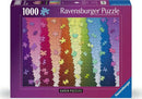 Box for the Ravensburger jigsaw puzzle titled 'Karen Puzzles: Colors on Color' featuring a vibrant array of rainbow colors displayed in interlocking puzzle pieces. The box highlights its 1000 pieces and the quality craftsmanship associated with Ravensburger puzzles.