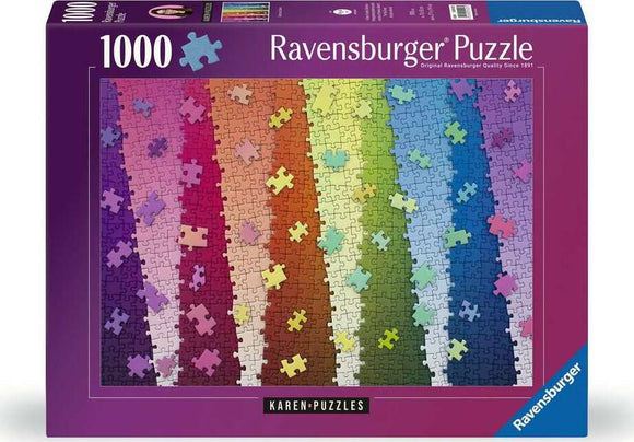 Box for the Ravensburger jigsaw puzzle titled 'Karen Puzzles: Colors on Color' featuring a vibrant array of rainbow colors displayed in interlocking puzzle pieces. The box highlights its 1000 pieces and the quality craftsmanship associated with Ravensburger puzzles.