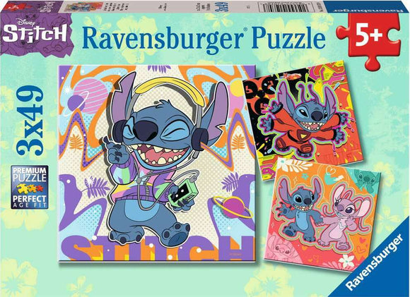 Ravensburger Disney Stitch 3x49 piece jigsaw puzzle featuring colorful imagery of Stitch in various playful poses. Designed for ages 5 and up, this premium puzzle showcases vibrant art with lively backgrounds.
