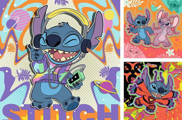 The Stitch 3x49 pc Puzzle features vibrant, playful artwork of Stitch, a beloved character from Disney's 'Lilo & Stitch.' The jigsaw captures Stitch's mischievous personality, surrounded by colorful patterns and themes from the movie. It's perfect for fans and puzzle lovers of all ages.