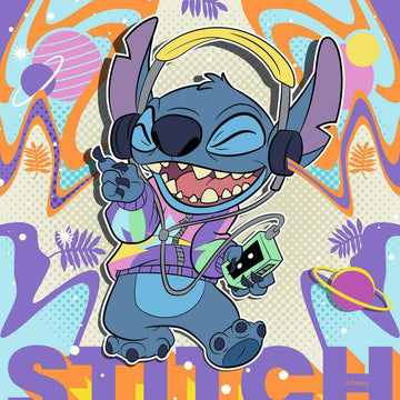 A colorful jigsaw puzzle featuring Stitch, a cute blue alien character, wearing headphones and a vibrant jacket, amidst a playful and psychedelic background. The puzzle consists of 3x49 pieces and is designed to entertain fans of all ages.