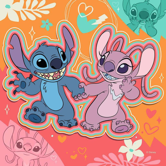 A colorful jigsaw puzzle featuring Stitch and Angel from Disney's Lilo & Stitch, depicted in a vibrant, playful style with a mixed background of hearts and flowers. The characters are smiling and holding hands, showcasing their friendship.