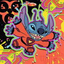 Ravensburger Stitch 3x49 pc Jigsaw Puzzle featuring a vibrant design of Stitch from Disney's Lilo & Stitch, set against a colorful, psychedelic background with splashes of paint and graphic elements.